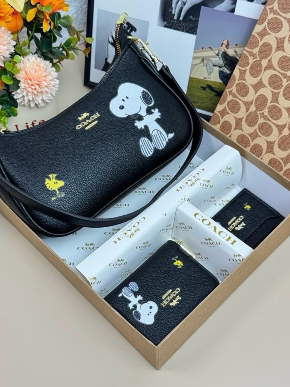 Coach Black Leather Snoopy & Woodstock Shoulder Bag Set